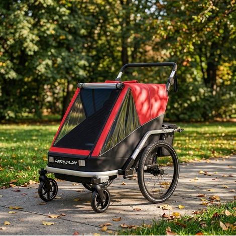 Remolque para bicicleta infantil 2 plazas 2 en 1 plegable rojo OKWISH (1/5)