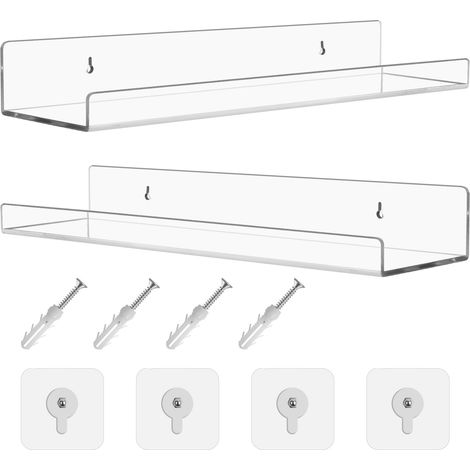 Lot de 2 étagères murales flottantes transparentes en acrylique sans perçage pour salon, chambre à coucher, étagère à épices, bibliothèque, décoration 30 x 7,9 x 3,6 cm (1/5)