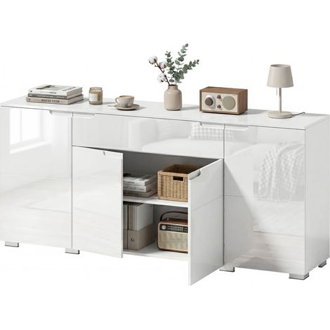 Hochglanz-Sideboard, moderne Kommode mit 4 Türen und verstellbaren Einlegeböden, Soft-Close-Mechanismus, weiß