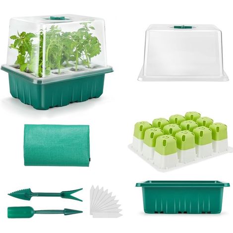 Un ensemble de plateaux de semis à 12 compartiments (couvercle + pot en silicone + base + petits outils + 10 étiquettes + 1 tapis) (1/5)