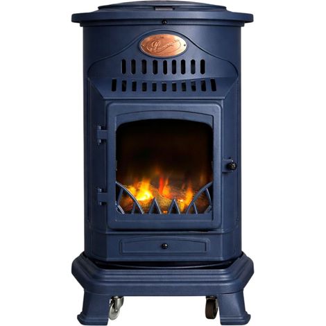 Poêle à gaz 3,4KW Fonte Véritable – Chauffage d'appoint Design Bleu Saphir Mat - Effet feu de bois, sur roues Provence Sahara