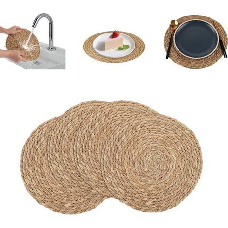 4 teilig Platzsets Topfuntersetzer Kombi Tischset Tischset aus böhmischem Rattan Handgewebtes Tischset im Western Stil Waschbar 30 cm Rundes Tisc (1/5)