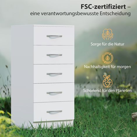 Kommode mit 5 Schubladen, Schubladenschrank für Kleidung und Utensilien, Spanplatte, Weiß