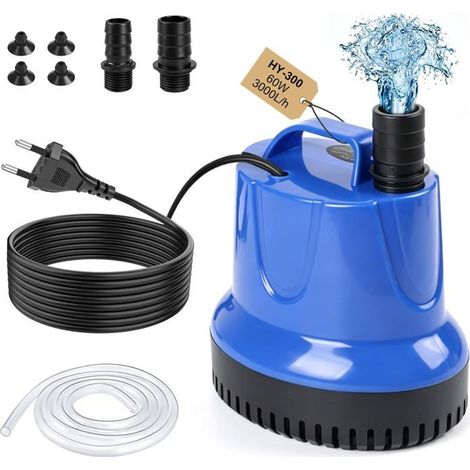 Pompe Aquarium Immergée 60W 3000L/H, Mini Pompe a Eau Vide Cave, pour Eaux Chargées, Bassin Exterieur, Piscine, Relevage – Bleu (1/4)