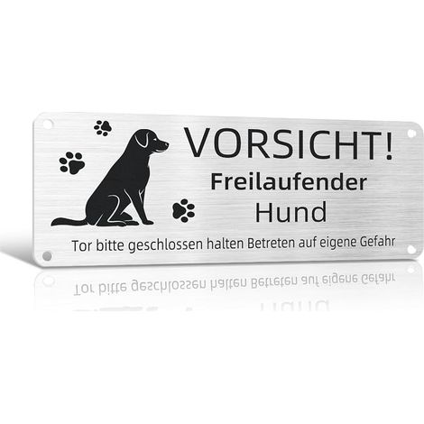 Panneau d'avertissement pour chien avec inscription en allemand « Vorsicht Freilaufender » - 25 x 10 cm - En aluminium - Avec autocollant et trous pré-percés (1) (1/5)