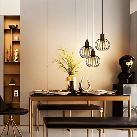 Suspension Lumineuse Triple Sphérique Métal Noir - Douille E27 - Sans Ampoule - Style Industriel Loft