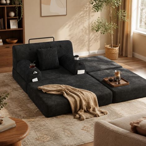 Divano letto 107x162x81 cm nero, 2 portabicchieri, tessuto cord, senza montaggio MEUBLIV (1/5)
