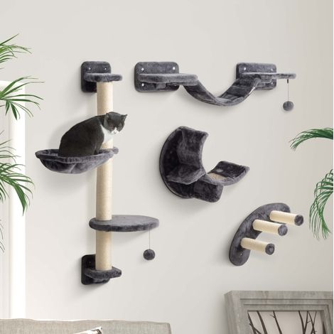 Wand-Kratzbaum 4-teilig mit Hängematte und Brücke, dunkelgrau OKMYHOME (1/5)