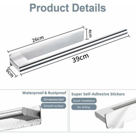 Porte-serviettes adhésif pour salle de bain, sans perçage, en acier inoxydable, argenté – support mural pour serviettes de toilette et de cuisine (1/4)