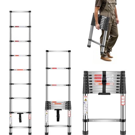 Échelle Télescopique, 2540 mm, Escabeau Extensible en Acier Inoxydable, Capacité de Charge 150 kg 75°, Échelle Portable Légère à Rétraction Multi-boutons, pour Réparation de Maison, Camping-car (1/5)