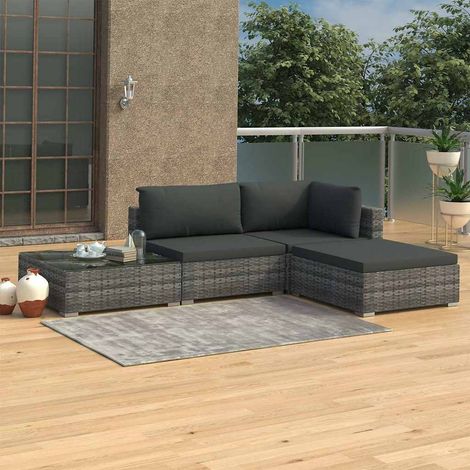 Salon de jardin 4 pcs Ensemble Table et Chaise de Jardin - avec coussins Résine tressée Gris BV757688 - BonneVie (1/5)