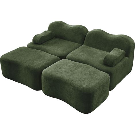 2-Sitzer-Modulsofa mit 2 Hockern, grüner Samt, 32D-Hochdichtschaum, ohne Montage (1/5)
