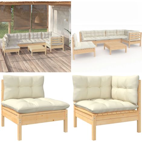 7-tlg. Garten-Lounge-Set mit Creme Kissen Kiefernholz - Gartensaison - Lounge Set - Gartenmöbeln - Outdoor Möbel - Rattan Sessel - Home & Living (1/5)