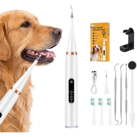 Pulitore dentale ad ultrasuoni per cani e gatti bianco - 5 modalità con LED, rilevamento gengive, IPX7, ricaricabile tramite USB-C, kit completo (1/5)