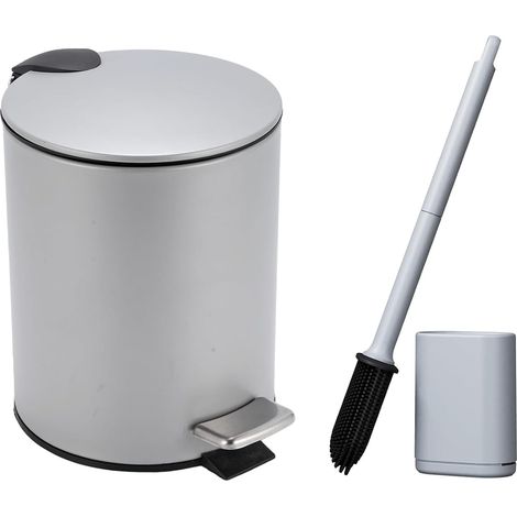 3L Bathroom Bin, Small, Lid with Toilet Brush, Pedal Bin for Toilet, Compact, Small Space, Steel, Soft Closure, Grey (1/5)