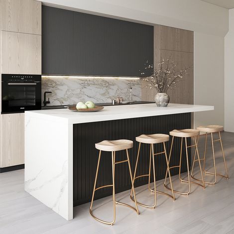 1830mm Ilot Central Blanc et Noir Extensible pour Cuisine avec Portes et Tiroirs Dessus à Motif en Marbre
