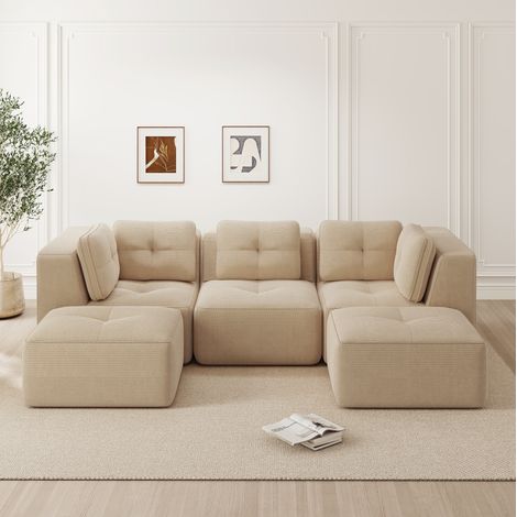 Divano angolare modulare a U senza montaggio, 3 posti, velluto a coste beige, OKWISH (1/5)