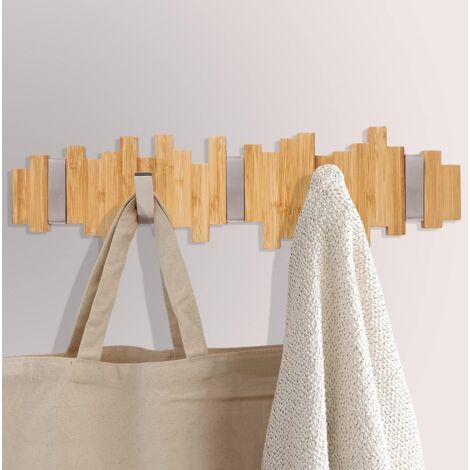Portemanteau Mural en Bois - Patères Portemanteaux avec 5 Crochets Métalliques Rabattables pour Manteaux, Vestes, Chapeaux, Sacs, Couloir, Chambre, Salle de Bain 40cm (1/4)