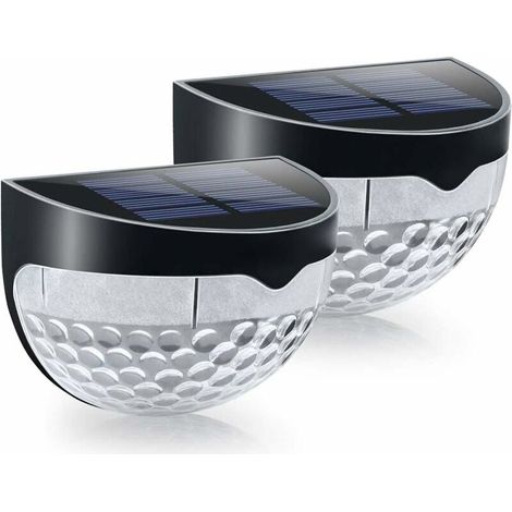 Lot de 2 lampes solaires à LED pour clôture, extérieur, étanches, avec support mural, éclairage décoratif pour jardin, terrasse, cour, allée (boîtier noir, blanc froid) (1/4)