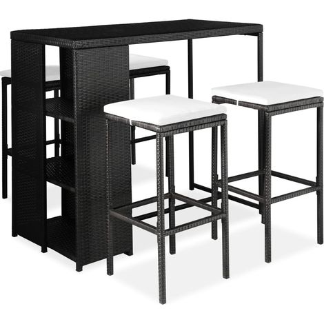 5-tlg. Gartenbar-Set mit Kissen Poly Rattan Schwarz