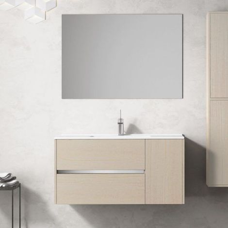 Mueble de baño suspendido Itaca con lavabo y Espejo. Se envía montado 90 CM seno desplazado a izquierda Crema