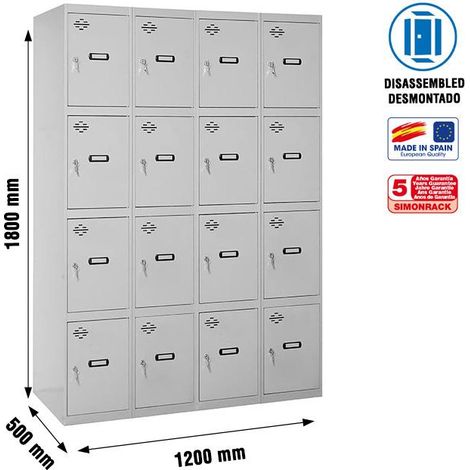 SimonRack Armadietto Spogliatoio Metallico 16 Ante, 4 Moduli, 1800x1200x500 mm, Serratura con Chiave e Areatori, Grigio armadietto - Simonlocker