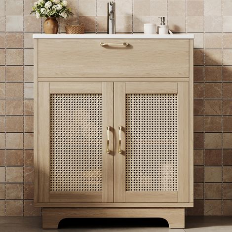 Meuble Salle de Bain 76 cm avec Vasque Céramique Meuble Sous-Vasque sur Pieds Portes Cannage Rotin 76x46x88 cm (1/5)