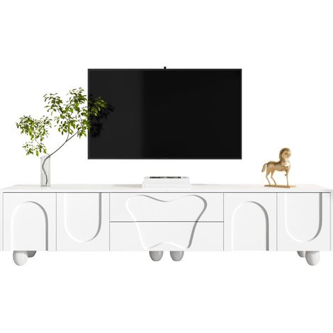 Meuble TV blanc de 180 cm avec pieds en bois – Un meuble TV minimaliste et élégant offrant un grand espace de rangement, un design unique et des options de rangement flexibles pour un salon élégant.