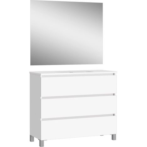 Mélamine 16 mm céramique Meubles de Salle de Bain avec lavabo et Miroir, Blanc, 90 cm (1/5)