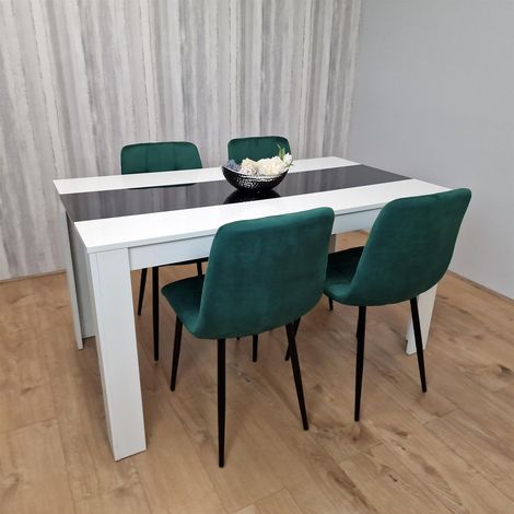 Dining Table and 4 Chairs White Black  Wood 4 Velvet Green Chairs Dining Room (1/5)