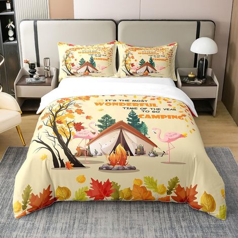 Campeurs Literie Set Happy Camping 100% Coton Housse de Couette 200x200cm Feuilles d'automne Parure de Lit Tente de Camping Flamingo décoration Ensemble de lit Chambre - 200 x 200 cm + 2 taies d'oreil (1/5)