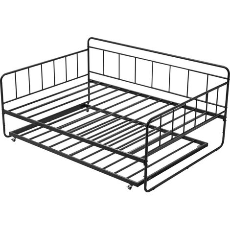 Cadre de Lit de Jour en Métal Robuste, Grand Lit Gigogne sans Matelas, avec Roulettes et Support à Lattes Métalliques, Facile à Ranger, pour Repos, Salon, Chambre, Chambre d'Amis, Noir (1/5)