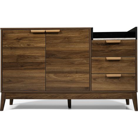 Commode de salon décor chêne avec plateau effet marbre – Niche ouverte, 3 tiroirs et placard double porte avec étagères réglables, pieds en bois massif compatibles avec robot aspirateur,H77×L120×P40cm