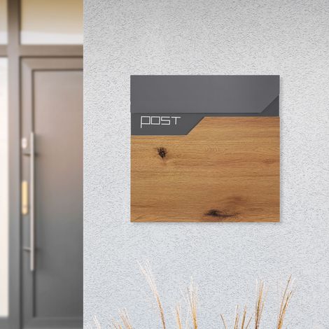 ML-Design Buzón de Correo Exterior Antracita Aspecto de Madera 37x37cm con Compartimento para el Periódico Acero con Recubrimiento en Polvo Moderno 2 Llaves Solapa De Cierre Monzana para Montaje Pared (1/5)