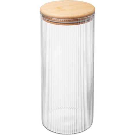 Récipient rond en verre rainuré Jeff de 1400 ml, bois de bambou, couvercle en silicone, joint en verre borosilicate