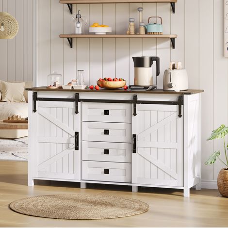 MEUBLIV Buffet de rangement 137 cm blanc – portes coulissantes, 4 tiroirs (1/5)