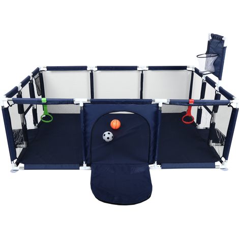 Box per bambini con canestro da basket e scaletta da calcio, cancelletto di sicurezza per bambini, barriera con ingresso e cancelletto per gattonare, blu