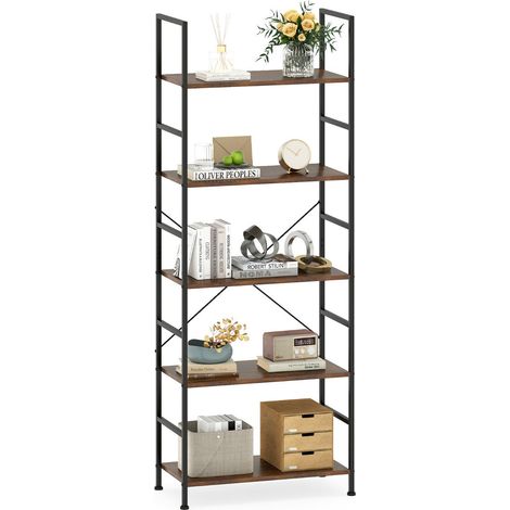 Étagère 5 niveaux pour salon 60 x 30 x 160 cm avec kits anti-basculement et finition rustique en bois brun
