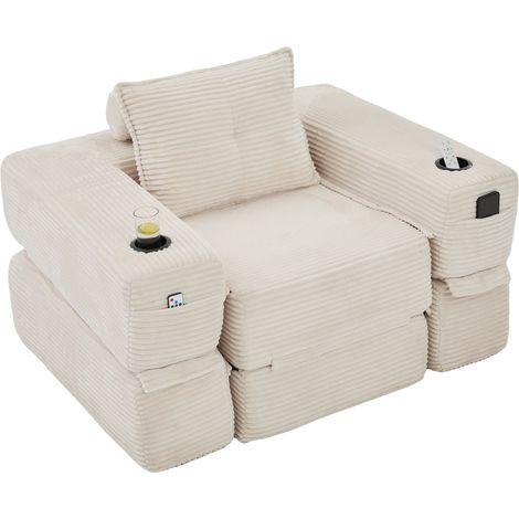 Sofá Cama de Corduroy, con Bolsillos Laterales y Portavasos, Cojines con Espuma Viscoelástica, Beige (1/5)