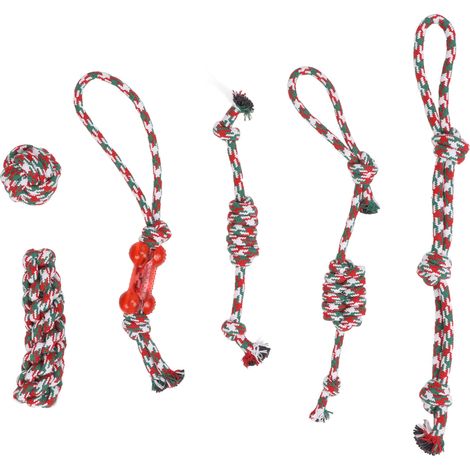 Lot de 6 jouets interactifs en corde de coton pour chiens, parfaits pour Noël et pour faire leurs dents. (1/5)