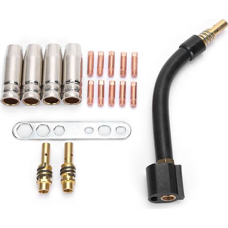 Contact tips (10 pieces), 4 tips, nozzle holder, diffuser (2 pieces), connecting rod, torch neck nozzle, wrench set for MB15/15AK MIG welding torch