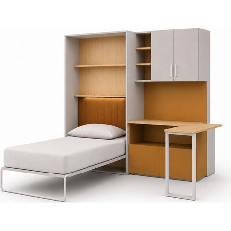 Cameretta Completa Moderna Con Letto A Scomparsa Scrivania Armadio E Cassettiera In Melaminico Soluzione Salvaspazio Per Bambini E Ragazzi 133 X 208.5 X 45-216 Cm Cashmere E Giallo (1/5)