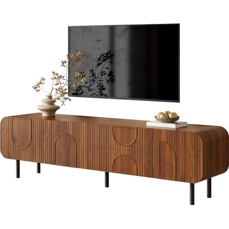 Mueble TV con 3 Puertas, 2 Cajones y Pasacables, Estilo Mid-Century, para Salón, en MDF, 180 x 40 x 47.5 cm, Nogal (1/5)