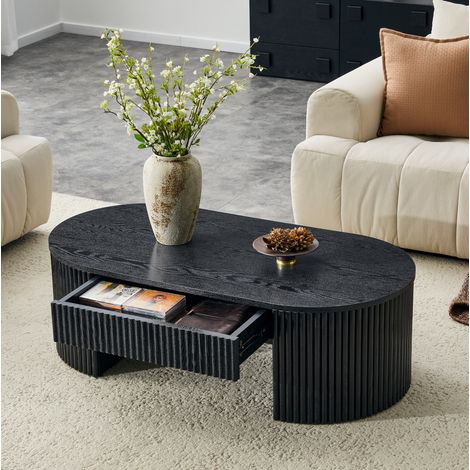 Ovale Couchtisch 105 x 54 x 38 cm aus schwarzem MDF mit Schublade, Holzoptik HAVRYA (1/5)
