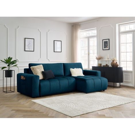 Bobochic – Canapé d'angle convertible coffre réversible 3 places – Tissu velours bleu – Structure en bois – Confort équilibré – Poche sur accoudoir (1/5)