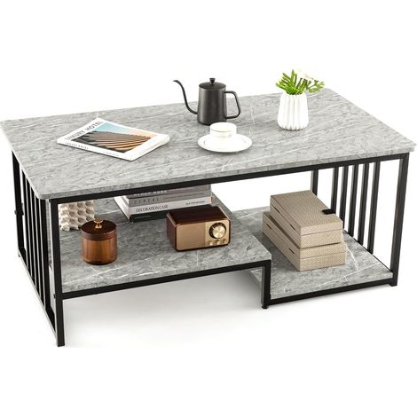 COSTWAY Couchtisch, Kaffeetisch mit 2 Ablage, Beistelltisch mit Marmor Optik & Metallrahmen, Wohnzimmertisch Sofatisch für Wohnzimmer Zuhause Büro, Grau, 110 x 60 x 45 cm (1/5)