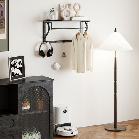 Porte-manteau mural gris, patère 5 crochets, étagère supérieure, rangement polyvalent, design compact pour entrée et couloir. (1/5)