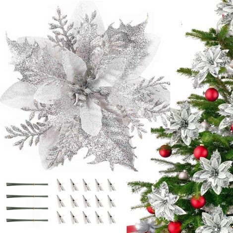 20pcs Christmas flowers, artificial Christmas flowers with clips, Christmas tree decoration, glittery artificial flowers, Christmas decorations
