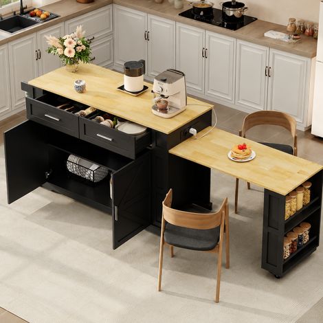 Îlot de cuisine extensible 120x50 cm avec rangement et prises USB intégrées, meuble cuisine mobile à roulettes Blanc et Chêne (1/5)