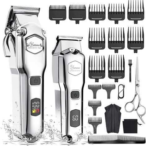 Tondeuse cheveux professionnelle Tondeuse barbe et cheveux homme Tondeuse avec ciseaux Kit sans fil T-lame amovible Tondeuse à cheveux longs imperméable (argent) (1/5)